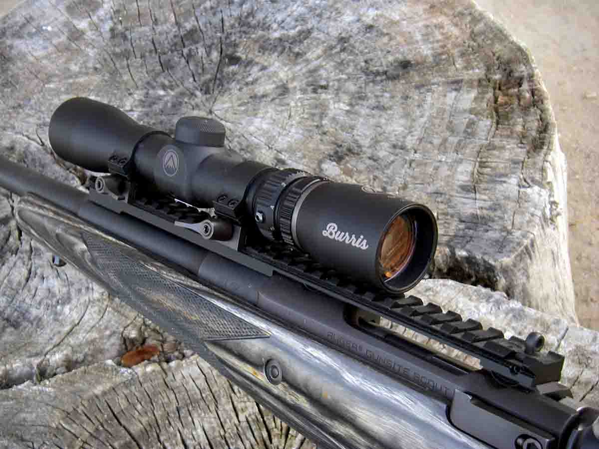 This Ruger Gunsite Scout is fitted with an XS Sight System scope rail that features a fully adjustable integrated  aperture rear sight. This system works with scout-style scopes or traditional scopes.